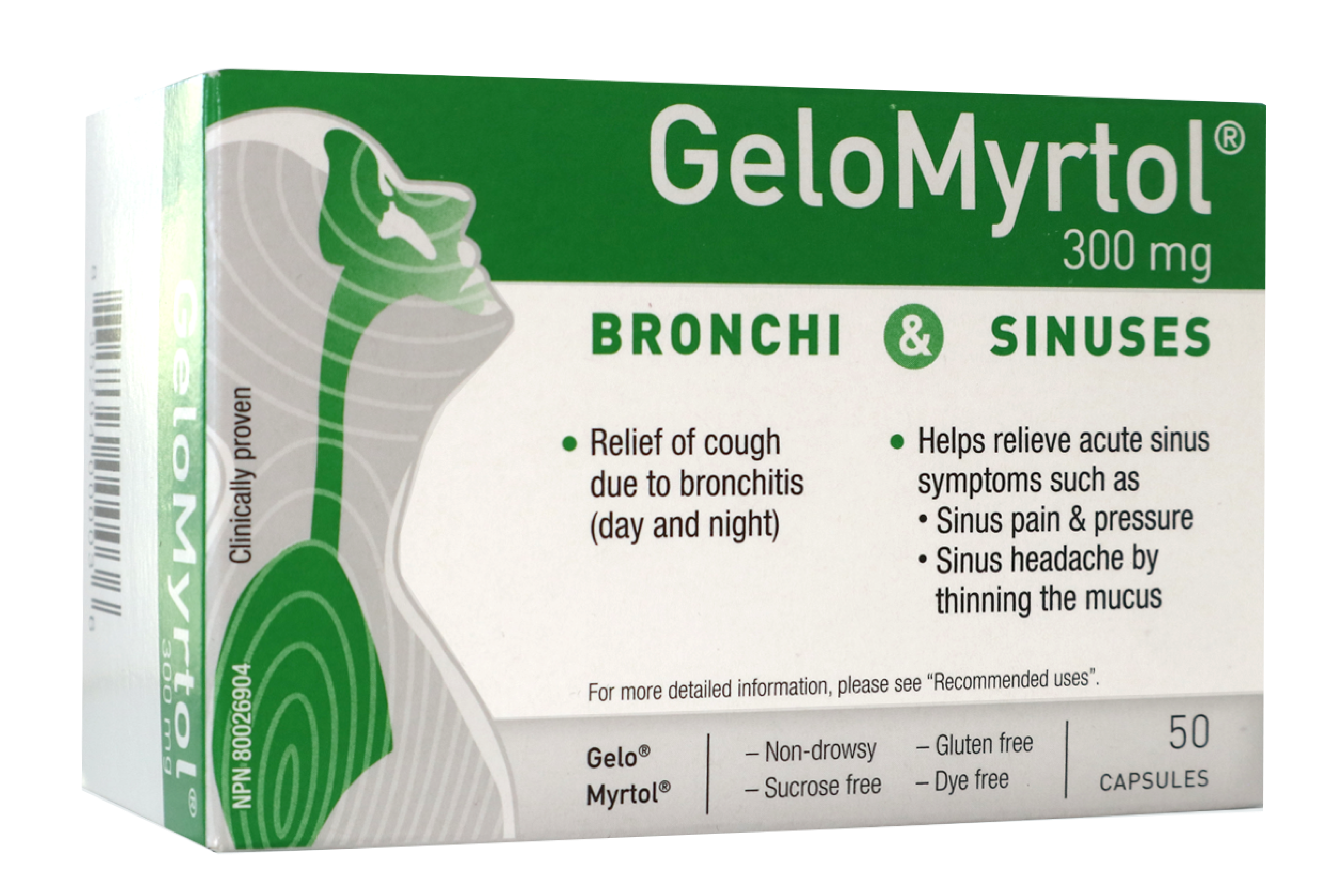 GeloMyrtol box. The box is green and white. It shows the GeloMyrtol logo and the name of the product. It also features an illustration of a person breathing with their respiratory system in green.