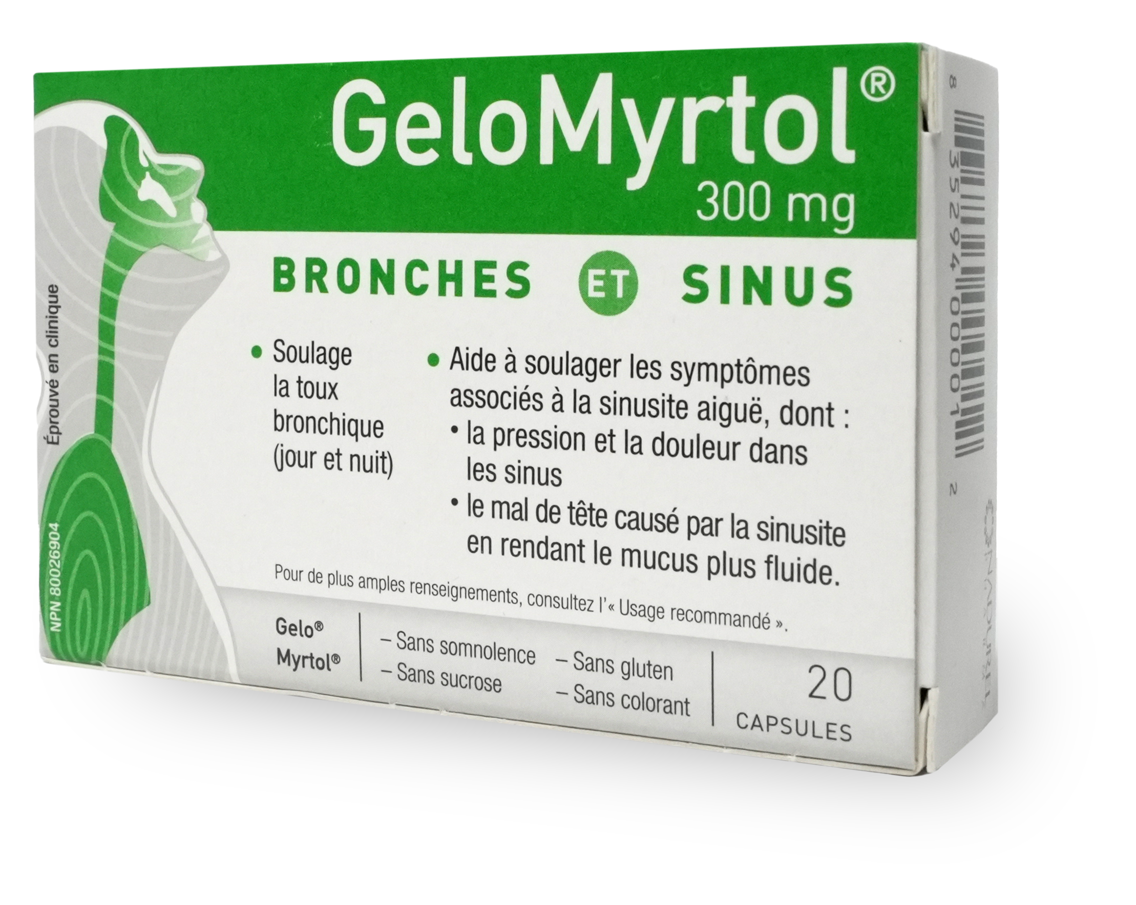 Boîte de GeloMyrtol. La boîte est verte et blanche. On y voit le logo de GeloMyrtol et le nom du produit. On y voit aussi une illustration d'une personne qui respire avec ses voies respiratoires en vert.